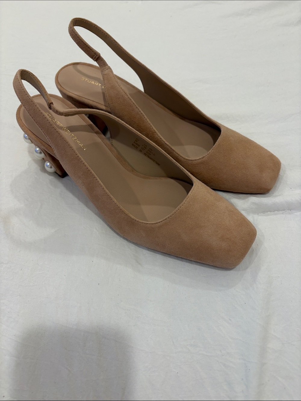 Stuart Weitzman Tan Suede Slingback Pumps with Pearl-Embellished Heel